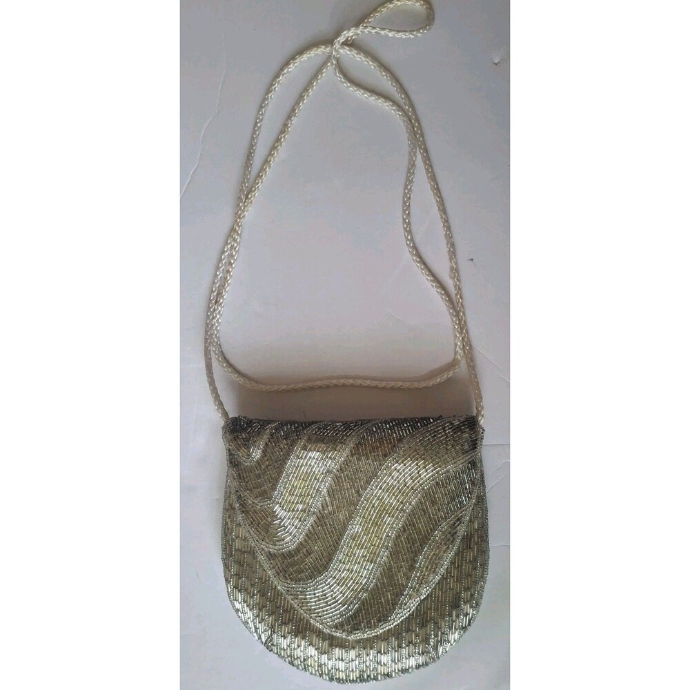 Magid Beaded Art Deco Evening Purse Chain Strap Silver Beaded Satin Lined - Picture 1 of 7